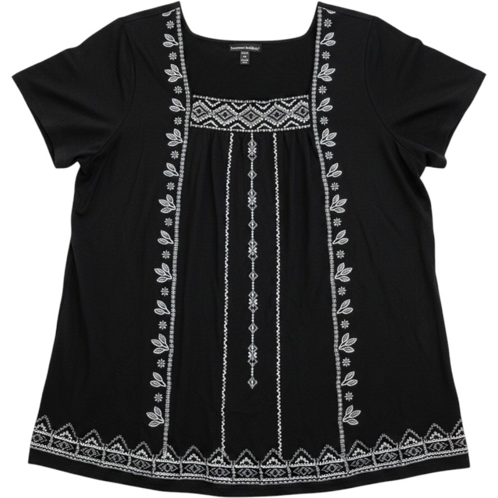 Woman Within Black Embroidered Square Neck Blouse Top Plus Size‎ 2X 26/28